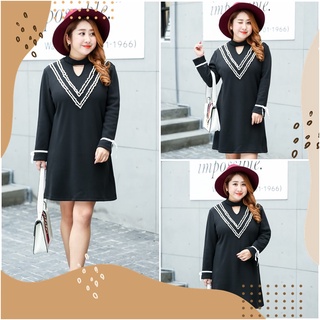 PMSWEET PLUSSIZE : PM3706 : พร้อมส่ง เสื้อผ้าไซส์ใหญ่ คนอ้วน สาวอวบ ชุดเดรสสีดำคอเต่า ด้านในบุขนกำมะหยี่ แต่งมุกเก