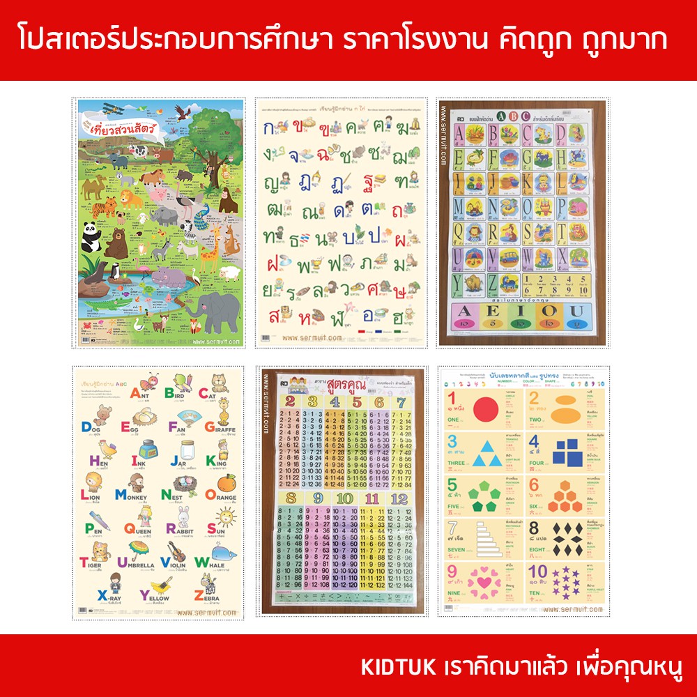 kidtuk โปสเตอร์หัดอ่าน โปสเตอร์การเรียนรู้ ABC กขค ตัวเลข สระ วรรณยุกต์ ภาพประกอบการศึกษา บรรจุกล่อง