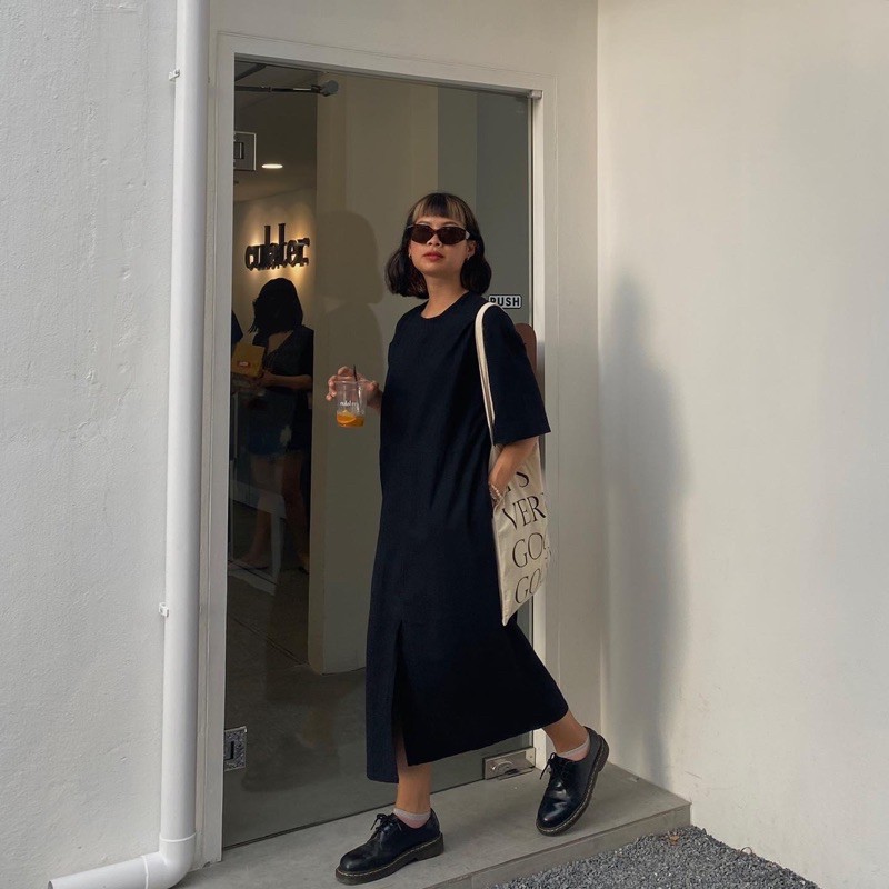 Black Leaf Dress เดรสผ้าฝ้ายยาวสีดำแหวกหน้า (ld01)