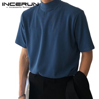 Incerun เสื้อยืด คอเต่า แขนสั้น สีพื้น แฟชั่นฤดูร้อน สําหรับผู้ชาย