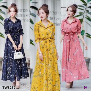 &lt;TW8252&gt;MaxiDress แม็กซี่เดรสเชิ้ต แขนยาว ผ้าโรนัลโด้ พิมพ์ลายดอกเดซี่ทั้งตัว เนื้อผ้าทิ้งตัวสวย เย็บติดสายผูกเอว