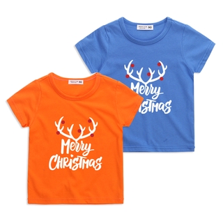 *Christmas* เสื้อยืดแขนสั้น ผ้าฝ้าย ลายการ์ตูนกวางน่ารัก ยืดหยุ่น 8 สี สําหรับเด็ก