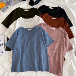 SUXI ใหม่ เสื้อยืด คอกลม แขนสั้น ลายทาง สีพื้น แฟชั่นสําหรับ…