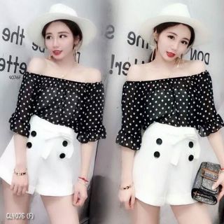 Set 2 ชิ้น  เสื้อชีฟองลายจุดสม็อคยางปาดไหล่แขนบาบี้ ใส่คู่กับกางเกงเอวสูง