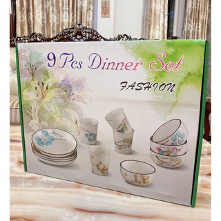 9pcs ชุดDinner set รวมแก้ว จาน ชามลายดอกไม้สีต่างๆ(9pcsเขียว)