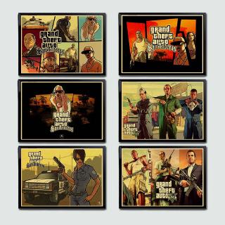 Grand Theft Auto V Game Art Retro โปสเตอร์พิมพ์ GTA 5 รูปภาพติดผนัง สําหรับห้องนั่งเล่น วินเทจ ตกแต่งผนัง / รูปภาพ