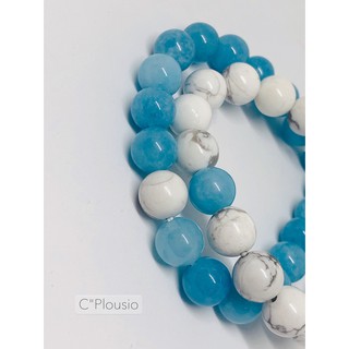 Set คู่ กำไลหินเซ็ตคู่ ฟ้าขาว (aquamarine vs howlite) ให้สติปัญญาปกป้องนักเดินทาง