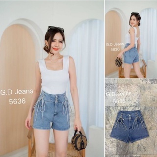 G.D.Jeans รุ่น 5636#กางเกงยีนส์แฟชั่นขาสั้นผ้ายืดสียีนส์ฟ้าเอวสูงต่อตาไก่บนขอบเอวข้างแบบเก๋ๆ