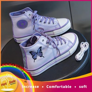 รองเท้าผ้าใบแฟชั่น.ร้องเท้าผ้าใบสีขาว.รองเท้าไนกี้. Butterfly High-Top Canvas Shoes รองเท้าผู้หญิง All-Match Luminous Wh