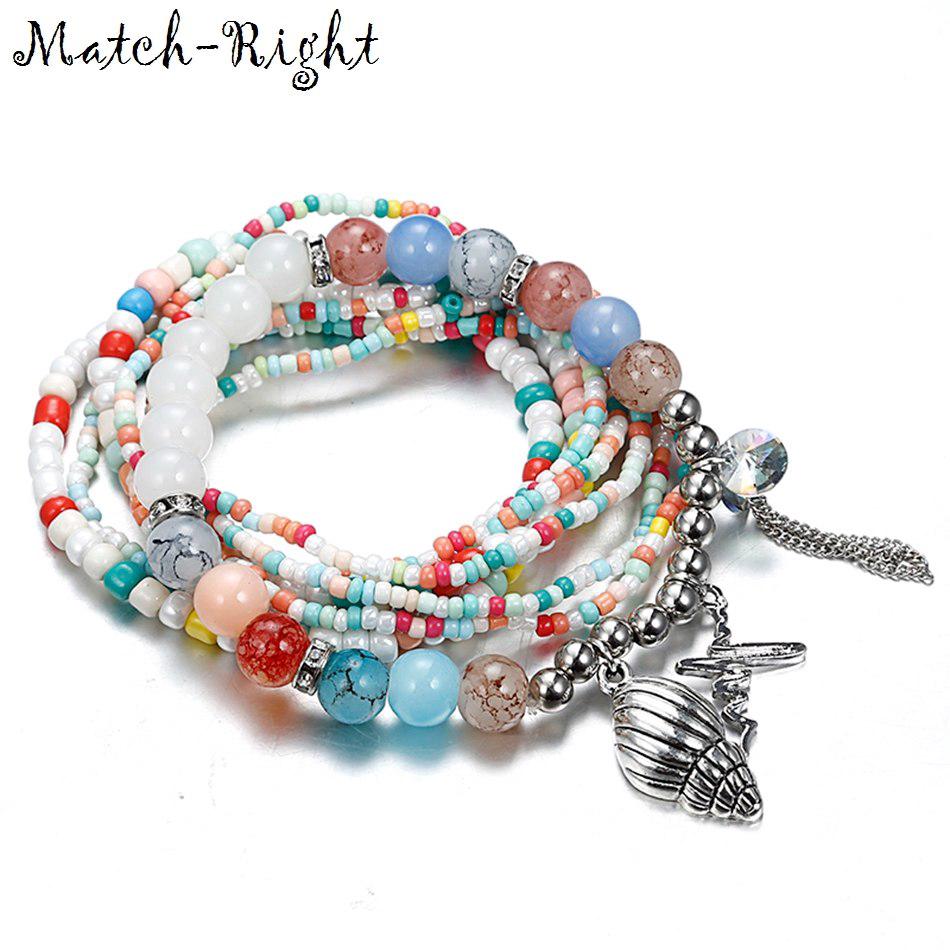 ชุดสร้อยข้อมือลูกปัดแบบโบฮีเมีย Bohemia Elastic Weave Set Bracelets Conch Charm Wrap Bracelet