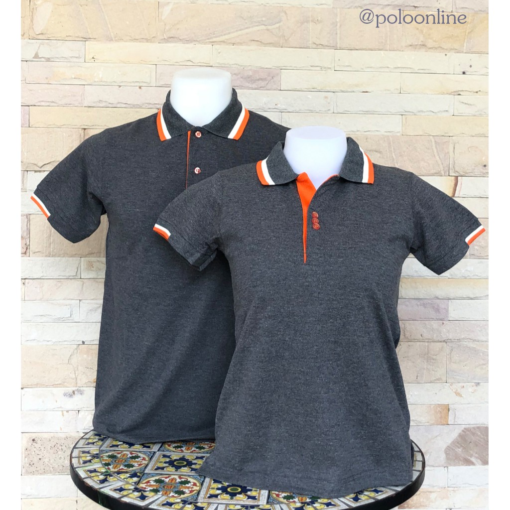 เสื้อโปโลหญิง สีเทาท๊อปดำปกขลิบครีมส้ม เนื้อผ้านุ่ม สวมใส่สบาย มีทั้งแบบชาย และแบบหญิง แบบเด็ก