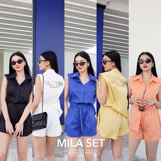 Mute - Mila set เสื้อเชิ้ตแขนกุดบ่าเสริมฟองน้ำอย่างดี+กางเกงขาสั้นเว้าขา ชุดไปทะเลคาเฟ่