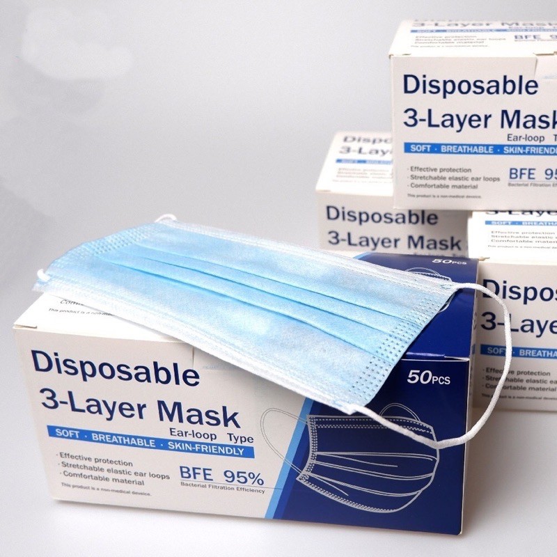 Face Mask หน้ากากอนามัย ผ้าปิดจมูกอนามัย( 3 ชั้น) 1 กล่อง / 50ชิ้น (พร้อมส่งในไทย)🔥 แมส+กล่อง
