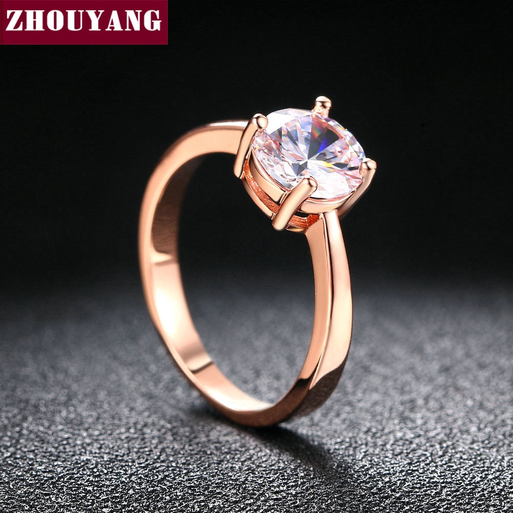 ZHOUYANG แต่งงานสำหรับผู้หญิงสี่ Claw 8mm แหวนเพชร หมั้นกุหลาบสีขาวสีทอง Flashion เครื่องประดับเพื่อนสาวของขวัญ R333 R335 ราคา ถูกที่สุด ดีลบีเคเค แกลเลอรีภาพที่ 2