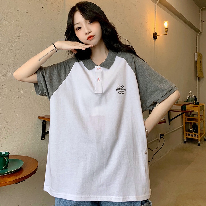 LHfashion เสื้อยืดแต่งคอปกทรงโอเวอร์ไซส์ แขนสลับสีโทนสีสุขภาพ ผ้านิ่มสวมใส่สบาย ใส่เที่ยวใส่ทำงานจบครบในตัวเดียว