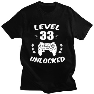 เสื้อยืดผ้าฝ้ายพรีเมี่ยม เสื้อยืดแขนสั้น พิมพ์ลาย Born Level 33 Unlocked Video Gamer สไตล์วินเทจ ไซซ์ EU สําหรับผู้ชาย