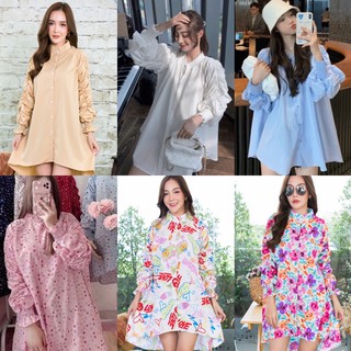 พร้อมส่ง เดรสทรงoversize งานสไตล์เกาหลี เสื้อเชิ้ต / มินิเดรสแขนยาว  เสื้อเชิ้ต มินิเดรส