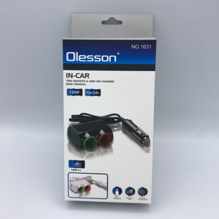 Olesson NO.1631 อุปกรณ์เพิ่มช่องจุดในรถยนต์ 2 ช่องและช่อง 1 USB