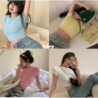 Fairy_shop💋พร้อมส่ง💋 เสื้อแขนสั้นคอกลม ผ้าไหมพรม#D1113💋