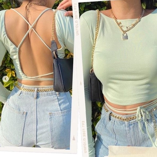เสื้อครอปแขนสั้นโชว์หลังแนวเซ็กซี่สําหรับผู้หญิง