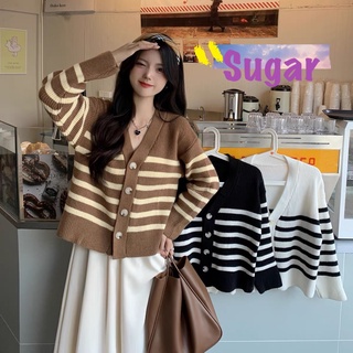 Sugar 🌈พร้อมส่ง🌈เสื้อยืดแขนยาวคอวีงานถักมีกระดุมหน้า ผ้ายืดได้เยอะมาก(9181)