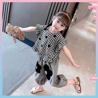 Girls summer Plaid small flying sleeve suit 2022 Western style new childrens wear Korean style baby flower pants two-piece suit