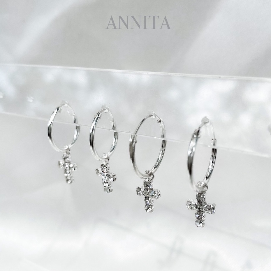 annita.silver - ต่างหูห่วงเงินแท้925 ห้อยจี้กางเขน / hoop earrings