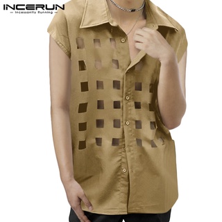 Incerun เสื้อเชิ้ตซีทรู แขนกุด คอปก ทรงหลวม ฉลุลาย แฟชั่นสําหรับผู้ชาย