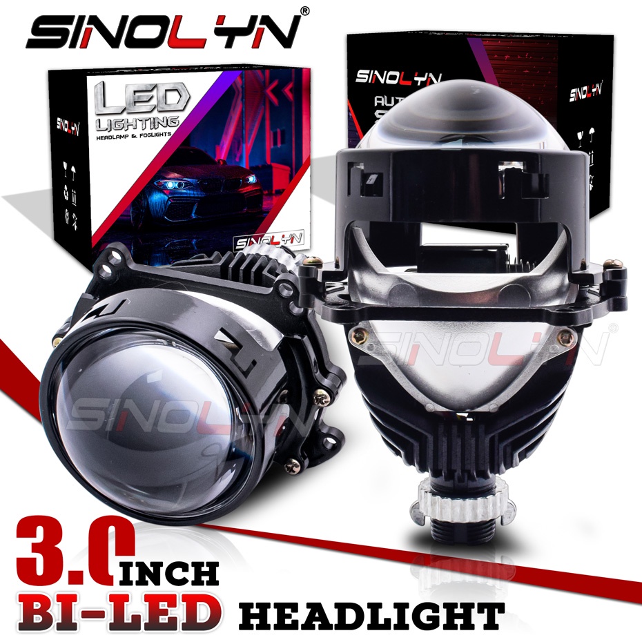 Sinolyn ไฟหน้าโปรเจคเตอร์ bi led projector ขนาด 3นิ้ว H1 H4 H7 9005 9006 ไฟวงแหวน crystal halo ring