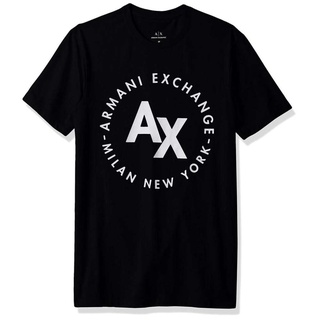 ผู้ชายเสื้อยืด AX Armani Exchange วงกลมผู้ชายโลโก้ลูกเรือคอเสื้อยืดสีดำแฟชั่นยอดนิยม