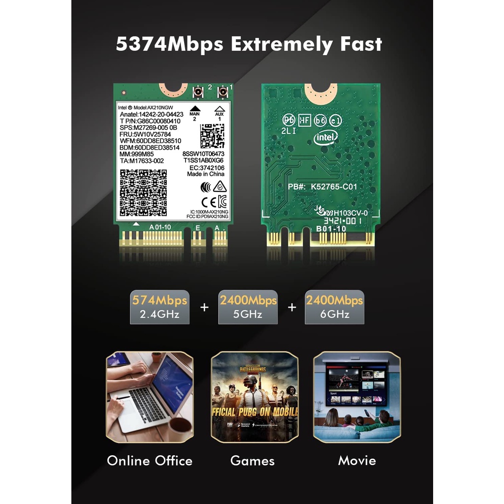 อะแดปเตอร์การ์ดเครือข่ายไร้สาย WiFi 6E Intel AX210 NGW Ax200 บลูทูธ 5.3 Tri-Band 5400Mbps สําหรับแล็ปท็อป รองรับ Windows 10 11 (64bit) M.2 NGFF