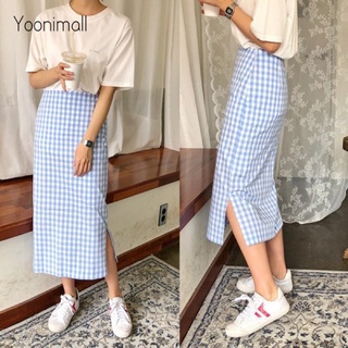 New Blue Skirt กระโปรงเอวสูงลายสก็อตสีฟ้า ผ้าคอตตอน งานซิปหลัง เข้ารูป ผ่าปลายกระโปรงสั้งสองข้าง