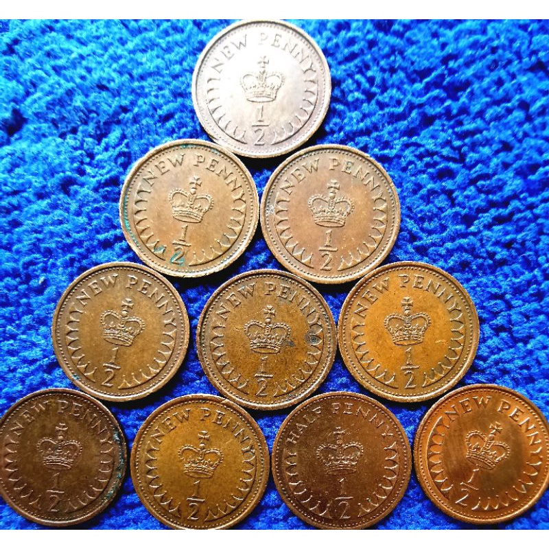 เหรียญ​อังกฤษ​ UK, 0.5 Pence, ชุด​ 10 เหรียญ​เรียงปี, #1955T, ใช้แล้ว​,​
