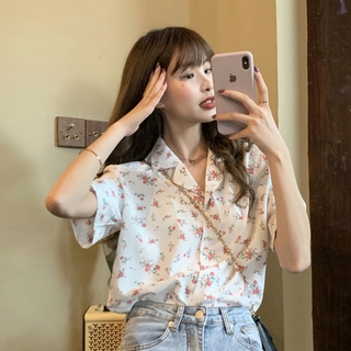 พร้อมส่งจากไทย เสื้อเชิ้ตแขนสั้นผู้หญิง เสื้อเกาหลีลายดอกทรงหลวมแฟชั่น