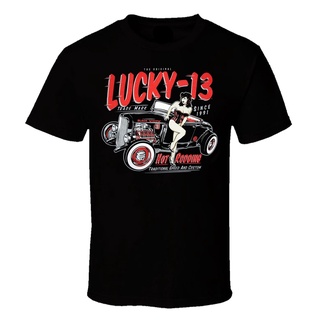 ผ้าฝ้ายแท้ คอลูกเรือเสื้อยืด พิมพ์ลายโลโก้ Lucky 13 สีดํา สไตล์วินเทจ แฟชั่นสําหรับผู้ชายS,4XL