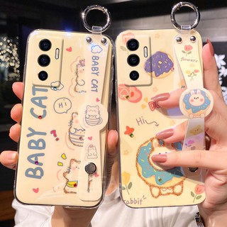 เคสโทรศัพท์ VIVO V23e 5G V23 Y76 Y15s Y33s Y21 X70 Pro X60 Pro Y72 Y52 Y31 V21 V20 Pro V20SE Y20 2021 Y12S Y20S [G] Soft Phone Casing ins Glitter Rhinestone Cartoon Cute Cat Animal Bling Cover with Wristband Case VivoV23E vivoV23 VivoY76