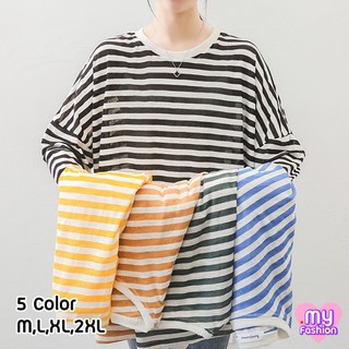 🎴MYF มาใหม่🎴เสื้อยืดลายทาง แขนยาวทรงใหญ่ 5 สี