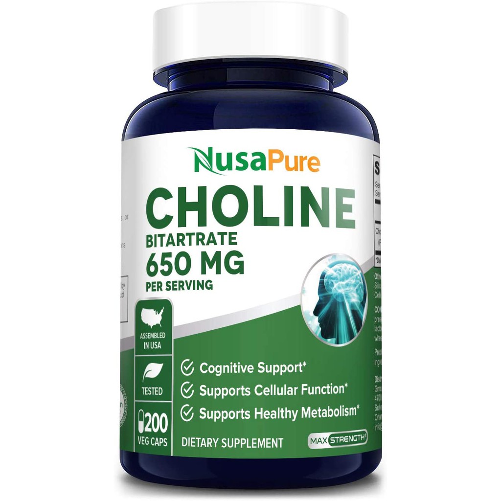 NusaPure Choline Bitartrate 650 mg 200 Veggie Capsules ( Vegetarian,  Non-GMO & Gluten-Free) Supports Healthy Cognitive F | Shopee Thailand