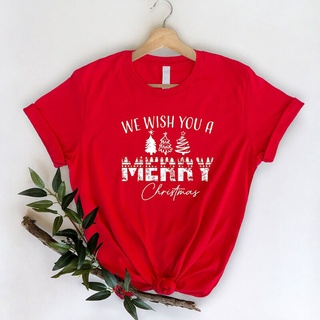 เสื้อยืดคอกลม แขนสั้น ผ้าฝ้าย พิมพ์ลาย We Wish You A Merry Christmas สีดํา สีแดง สําหรับเทศกาลคริสต์มาส