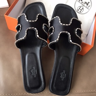 Hermes Satin Strass Crystal Oran Sandals Noir Size 40.5