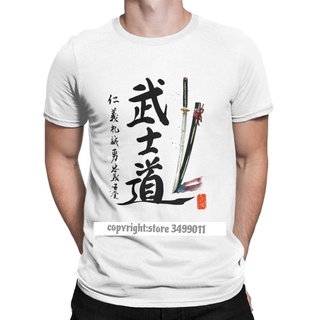 เสื้อยืดคอกลม ผ้าฝ้ายแท้ พิมพ์ลาย Bushido And Seven Virtues Of Samurai With Katana สําหรับผู้ชายS-5XL