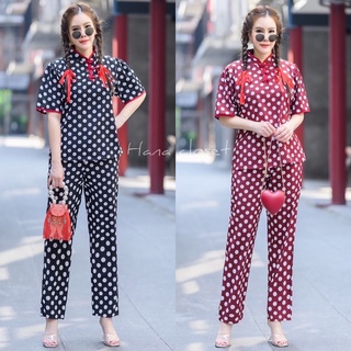 Hana ชุดเซ็ต 2 ชิ้น กี่เพ้า เสื้อคอจีน แขนพอง อก 42 กางเกงขายาว เอว 40