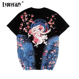 Lyprerazy เสื้อยืด ปักลายมังกร สไตล์จีน ญี่ปุ่น ฮาราจูกุ อุกิโยเอะ สําหรับผู้ชาย