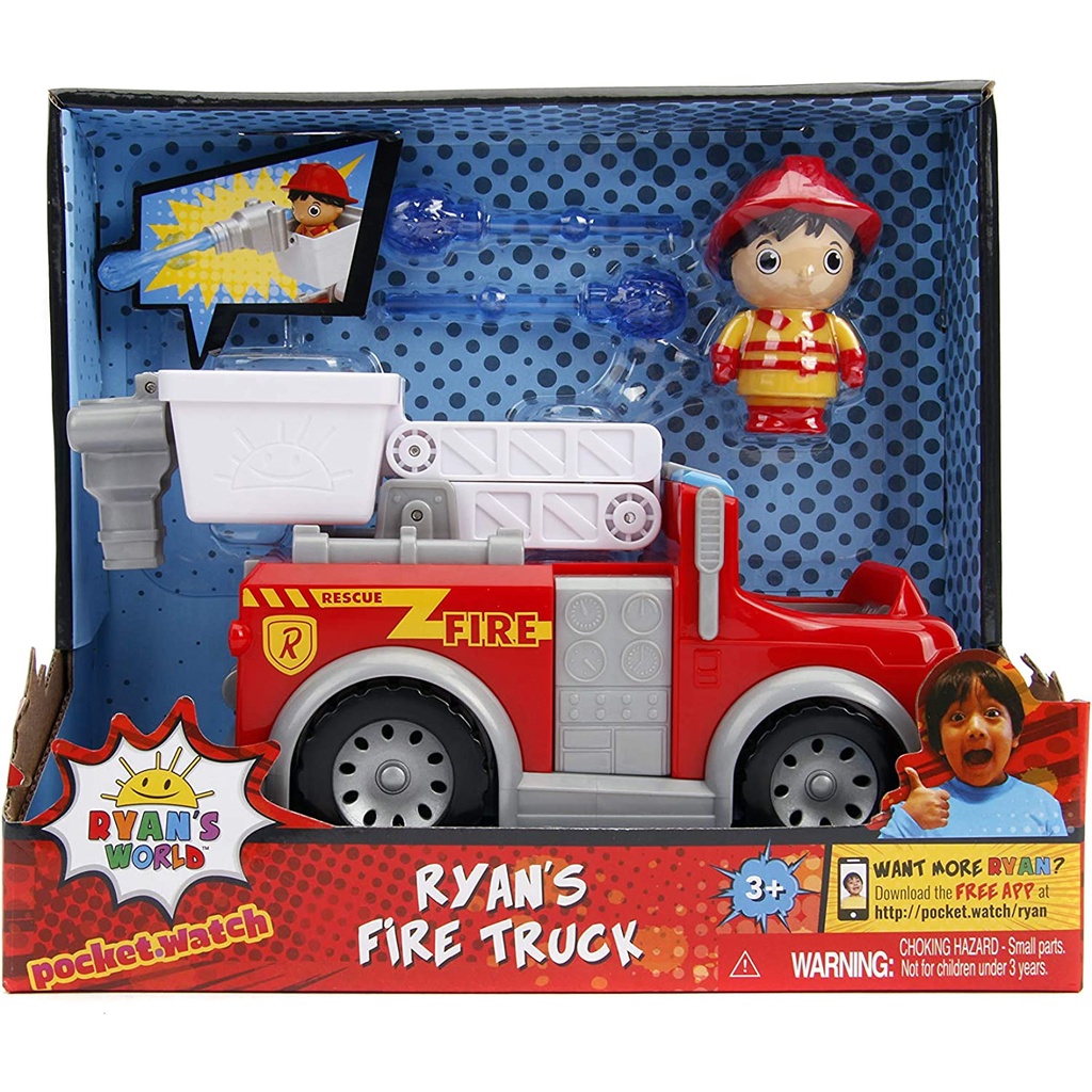 Jada Toys Ryan's World Fire Truck with Ryan Figure, 6" Feature Vehicle Red JADA TOYS Jada โมเดลรถดับเพลิง Ryan's World พร้อมฟิกเกอร์ Ryan 6 นิ้ว สีแดง