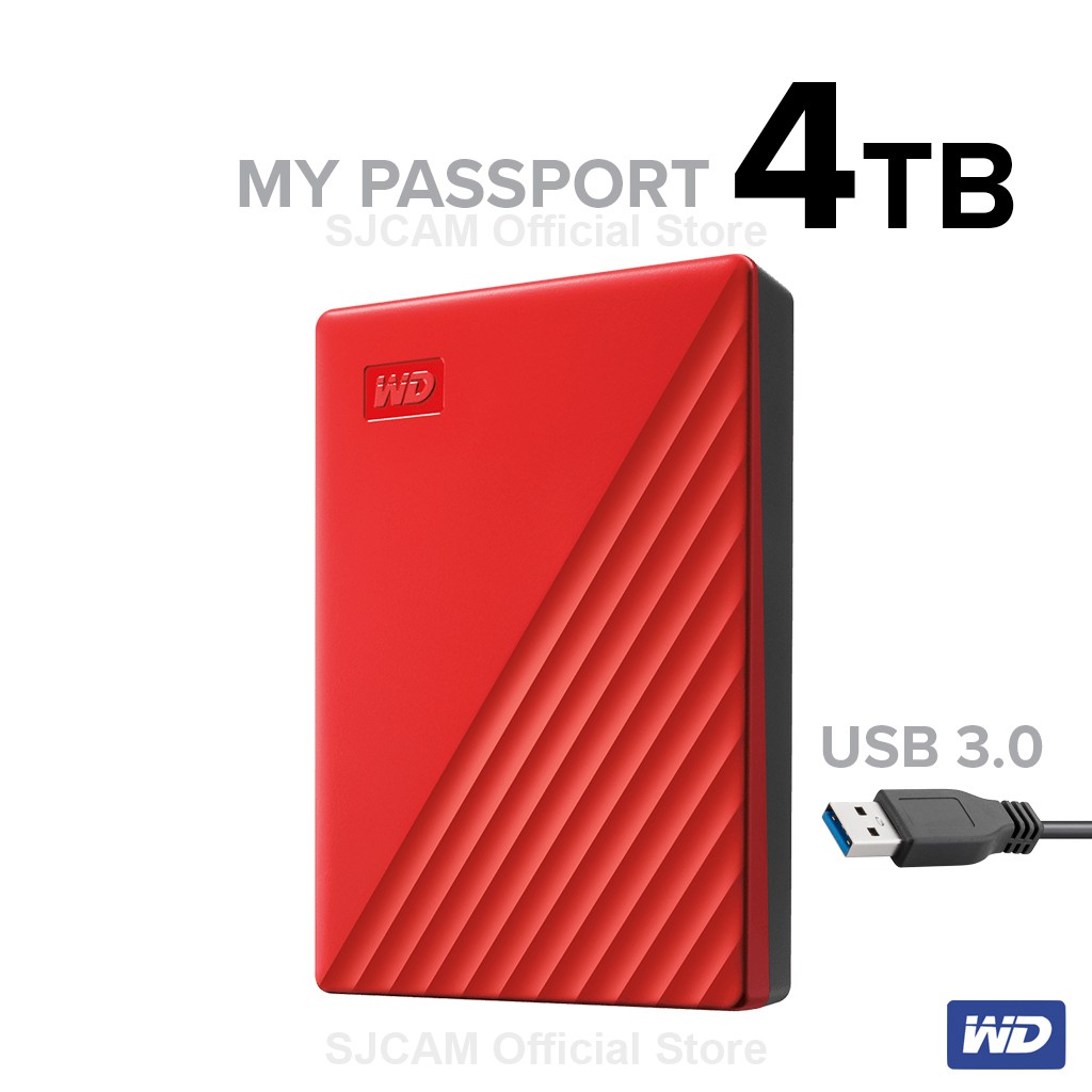 WD External Harddisk 4TB ฮาร์ดดิสก์แบบพกพา My Passport, USB 3.0 External HDD 2.5" (WDBPKJ0040BRD-WESN)สีแดง ประกัน 3ปี