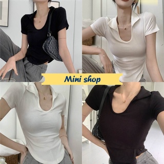 Mini shop 🌸พร้อมส่ง🌸(89052) เสื้อไหมพรมแขนสั้น คอปก แหวกน่าอกสุดเซ็กซี่ -C