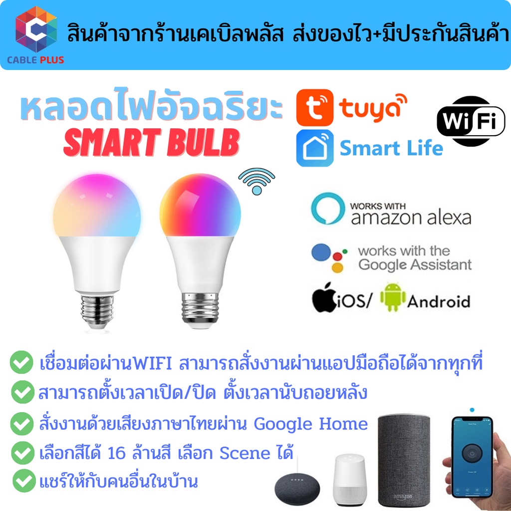หลอดไฟไฟอัจฉริยะSmart Bulb Tuya เชื่อมต่อผ่านwifiสั่งงานระยะไกลผ่านมือถือรองรับระบบGoogle Home/Alexa
