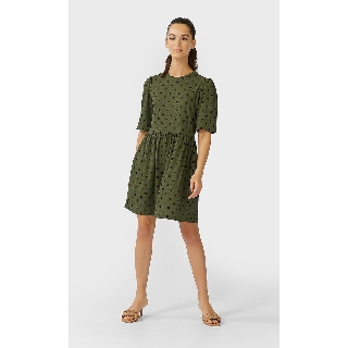 Stradivarius  เดรส Printed short dress with puff sleeves เดรสผ้าโพลี่ ผ้าดี