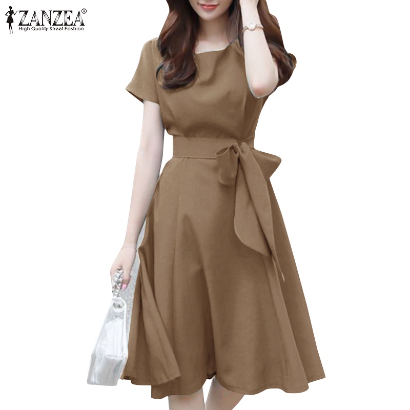 Zanzea ชุดเดรสยาวถึงเข่า คอกลม แขนสั้น สีพื้น เข็มขัดถอดได้ สง่างาม สําหรับผู้หญิง