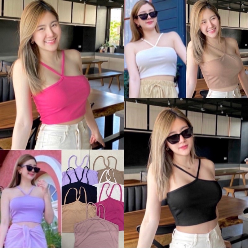 🔸Kwanjai🔸เสื้อสายเดี่ยวผ้าร่องเสื้อครอปสายเดี่ยวไขว้หน้า